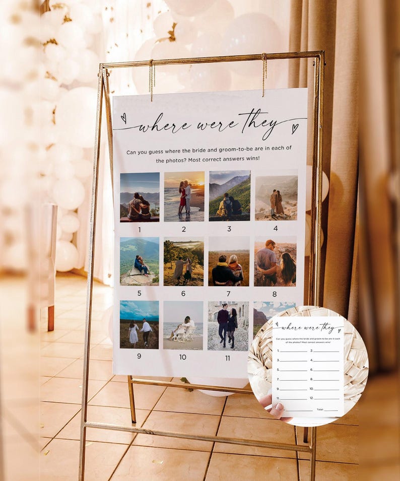 Photo Where Were They Bridal Game Poster, Minimalist Guessing Game Card And Sign, Couples Shower Game, Canva, Editable Download, Canva image 1