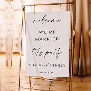 We zijn getrouwd, Lets Party-bord, modern minimalistisch welkomstbord, leuk trouwbord, bord verlovingsfeest, bewerkbare sjabloon, download, canva