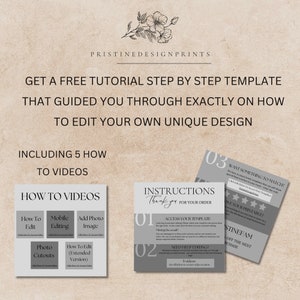 Puede incluir: Un gr&aacute;fico gris y blanco con el texto "Obtenga un tutorial gratuito paso a paso que lo gui&oacute; a trav&eacute;s de c&oacute;mo editar su propio dise&ntilde;o &uacute;nico, incluyendo 5 tutoriales en video". El gr&aacute;fico tambi&eacute;n incluye una secci&oacute;n titulada "C&oacute;mo hacer videos" con cinco pasos: C&oacute;mo editar, Edici&oacute;n m&oacute;vil, Agregar imagen de foto, Recortes de fotos y C&oacute;mo editar (versi&oacute;n extendida).
