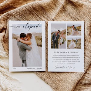 May include: Wedding announcement cards with photos of a couple. The cards have the words "we eloped" and "Dear Family & Friends". The names "Samantha + James" are also printed on the cards.