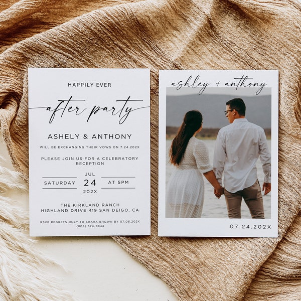 Happily Ever After Party Photo Invitation, Minimalist Elopement Reception Invitation, Wedding Elopement Announcement, Printable, Edit Canva