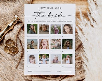 Jeu de photo Quel âge avait la mariée, Modèle de mariage minimaliste, Jeu de douche nuptiale pour couple, Deviner l'âge, Activité photo, EVJF, Toile