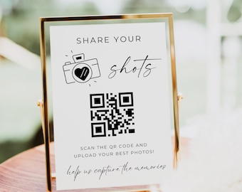 QR Code Sign For Wedding Pictures, Share Your Shots Photo Album Sign, Picture Sharing Wedding Sign, QR Code Printable Sign, Editable, Canva