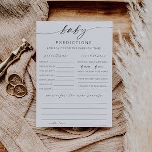 Minimalistische babyvoorspellingskaart, babyshowervoorspellingen en advies, advies en wensen voor toekomstige ouders, afdrukbaar babyshowerspel, Canva