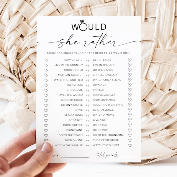 PRINTED + SHIPPED Would She Rather Bridal Shower Game, Who Knows The Bride Best, Newlywed, Hen Party Games, Bachelorette Party Game,