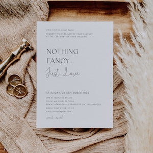 May include: A wedding invitation with a white background and black text. The invitation reads "Emily Smith & Joseph Taylor Request the pleasure of your company at the ceremony of their wedding Nothing Fancy... Just Love Saturday, 22 September 2023 4PM at Highland Estate Dinner and drinks to follow 6PM at Atkinson 415 Grandiose Ln, Indianapolis Kindly RSVP by 08.10.23 Emily_Joseph@gmail.com smart casual"