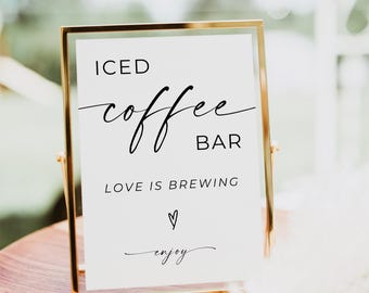 Skylt för iskaffebar, skylt för kärleken bryggs, skylt för kallt kaffebar, bröllopsskylt för modern minimalistisk kaffebar, bröllopsdusch, redigerbar, canvas