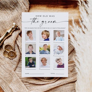How Old Was The Groom Game, Minimalist Wedding Template, Couples Bridal Shower Game, Age Guessing Game, Photo Activity, Hen Party, Canva