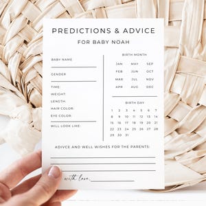 Prédictions pour une fête prénatale et cartes de conseils, Prédictions pour une baby shower moderne, Jeu de baby shower, Cartes de conseils pour les futurs parents, Modèle modifiable, Toile