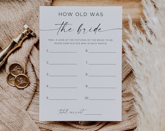 How Old Was The Bride Game, Minimalist Modern Bridal Shower Game, How Old Was the Bride To Be, Guess the Bride's Age Game, Canva, Editable