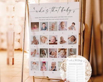 Who's That Baby Photo Game, Minimalist Baby Shower Game Sign, Printable Baby Photo Game Card, Guest Baby Photo Game. Editable, Canva