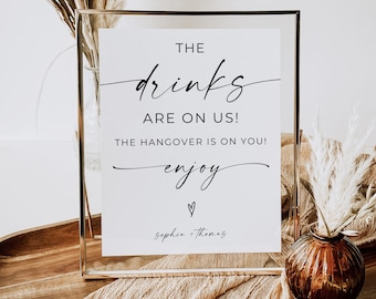 Bar Signs For Wedding Downloadable, The Drinks Are On Us The Hangover Is On You, Open Bar Sign, Modern Minimalist Wedding Sign, Editable