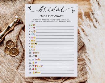 Brautparty Emoji Pictionary Antworten, minimalistische Brautparty Spiele, Hens Bachelorette Party Spiele, Emoji Bilderspiel, bearbeitbar, Download