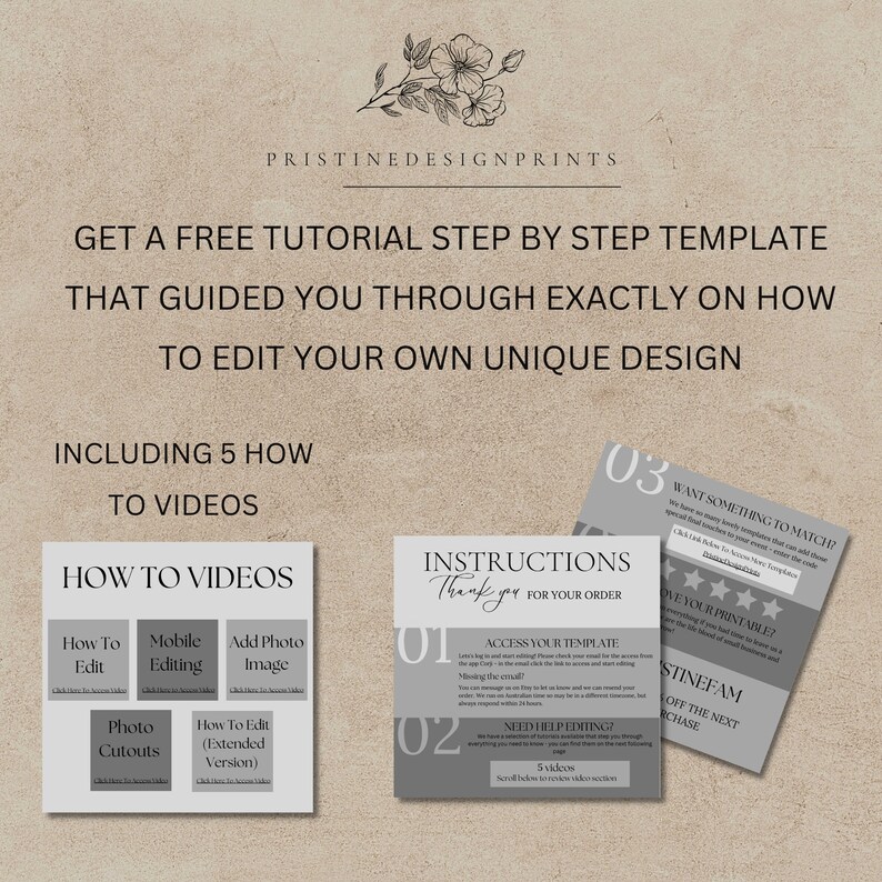 K&ouml;nnte beinhalten: Werbegrafik mit Text und Designelementen. Der Text enth&auml;lt "ERHALTEN SIE EIN KOSTENLOSES TUTORIAL" und "WIE MAN VIDEOS ERSTELLT". Das Design zeigt florale Akzente und Informationskarten mit Anweisungen.