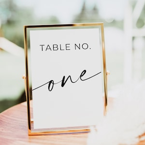 May include: A gold-framed table number sign with the text "TABLE NO. one" in black script. The sign is displayed on a wooden plate, with a blurred background. The sign is likely for a wedding or event.