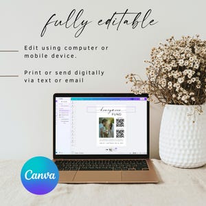 Peut inclure: Un &eacute;cran d'ordinateur portable affichant un mod&egrave;le de conception Canva pour un fonds de lune de miel. Le mod&egrave;le pr&eacute;sente une photo d'un couple, un code QR et le texte "fonds de lune de miel".