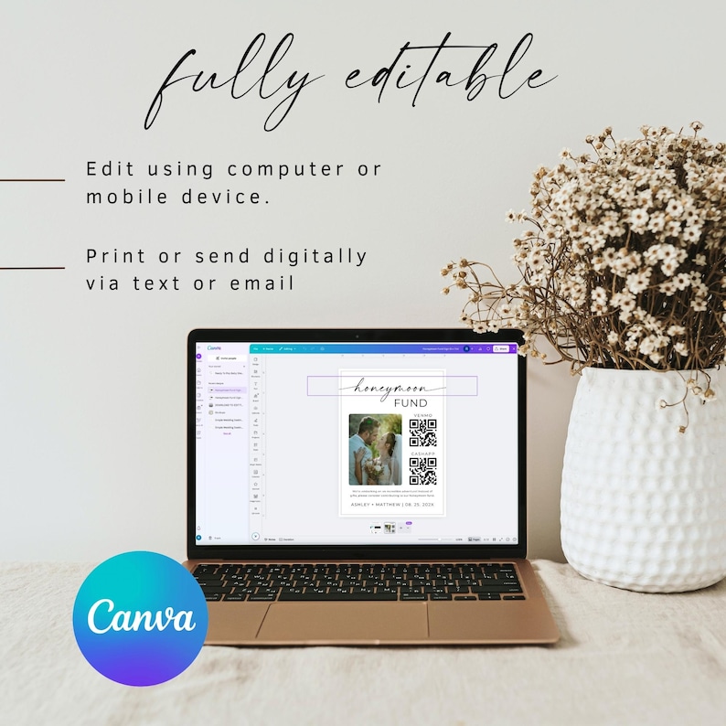Peut inclure: Un &eacute;cran d'ordinateur portable affichant un mod&egrave;le de conception Canva pour un fonds de lune de miel. Le mod&egrave;le pr&eacute;sente une photo d'un couple, un code QR et le texte "fonds de lune de miel".