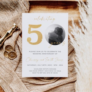50th Wedding Anniversary Invitation Photo, Elegant 50th Anniversary Invitation, Wedding Anniversary Invite with Photo, Editable, Gold, Canva