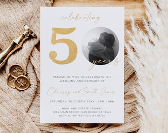 50th Wedding Anniversary Invitation Photo, Elegant 50th Anniversary Invitation, Wedding Anniversary Invite with Photo, Editable, Gold, Canva