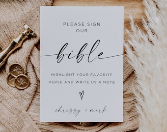Wedding Guest Book Bible Sign, Printable Bible Guest Book Sign, Minimalist Modern Wedding Sign, Bible Verse Guestbook, Editable, Canva