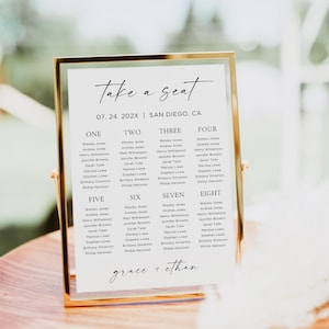 Puede incluir: Un plano de asientos con marco dorado con las palabras "take a seat" en la parte superior. El gráfico enumera los nombres debajo de los números del uno al ocho. También se enumeran la fecha y el lugar. Los nombres están en fuente negra.