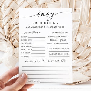 Minimalistische babyvoorspellingskaart, babyshowervoorspellingen en advies, advies en wensen voor toekomstige ouders, afdrukbaar babyshowerspel, Canva
