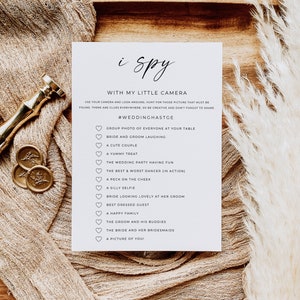 J'espionne le jeu de mariage, j'espionne le modèle de jeu de mariage, jeu de recherche de photos de mariage, jeu de hashtag de mariage, chasse de photos de réception, modèle modifiable