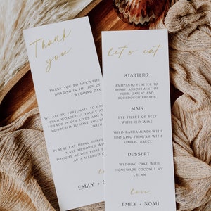 Gracias minimalista de oro + nota de menú después de la boda, carta de configuración de lugar moderno, plantilla de agradecimiento de mesa, nota de servilleta, descarga editable