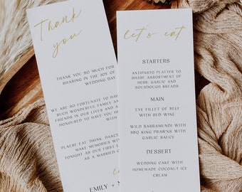 Nota de agradecimiento minimalista dorada + menú después de la boda, carta moderna para la mesa, plantilla de agradecimiento para la mesa, nota para servilleta, descarga editable