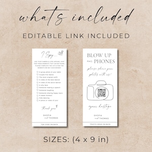 Peut inclure: Deux pancartes de r&eacute;ception de mariage imprimables avec du texte noir sur fond blanc. La pancarte de gauche dit "I Spy..." et contient une liste de moments de mariage &agrave; trouver. La pancarte de droite dit "Blow Up Our Phones" et contient une ic&ocirc;ne d'appareil photo avec un code QR. Les deux pancartes portent les noms "Shopia et Thomas" et indiquent "QR Code on Back" ou "Photo Ideas on Back".