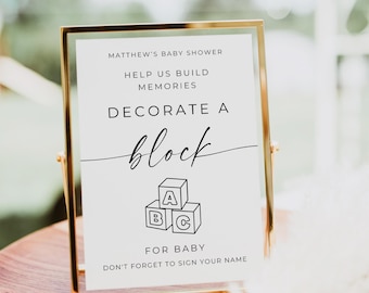 Cartello "Decora un blocco per il bambino", Decora un blocco per il bambino, Crea ricordi, Attività con i blocchi per bambini, Decorazioni per un baby shower, Modificabile, Canva