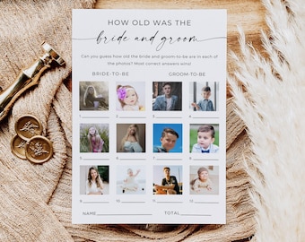 How Old Were They Bride And Groom, Minimalist Photo Baby Guessing Game Card, Couples Bridal Shower Game, Age Guessing Game, Canva, Editable