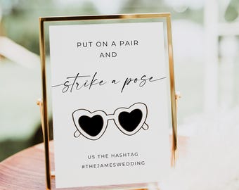 Love Heart Sunglasses Sign, Put These On And Pose, Wedding Sign Decor, Heart Sunglasses Wedding Trend, Take A Pair And Pose, Editable, Canva
