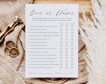 Wedding Shower Games Over Under, Over or Under Bridal Shower Game, Minimalist Bridal Shower Trivia Game, Printable Shower Games, Canva Edit
