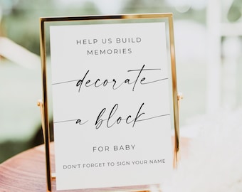 Decorate A Block For Baby Sign, Baby Block For Decorations At A Baby Shower, Minimalist Baby Shower, Printable Decorate a Block Baby, Canva