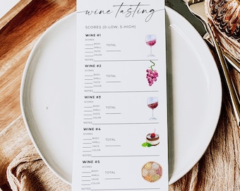 May include: A wine tasting score card with the words "wine tasting" in elegant script. The card is on a white plate with a fork and knife. The card has spaces to score five wines, with illustrations of wine glasses, grapes, and desserts.