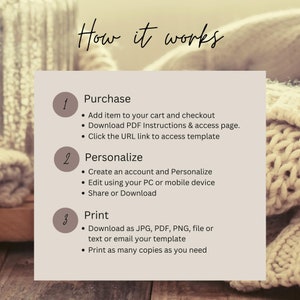 Peut inclure: Un graphique beige et brun avec le texte "How it works" en noir. Le graphique montre trois &eacute;tapes&nbsp;: Achat, Personnalisation et Impression. Chaque &eacute;tape comporte une liste &agrave; puces d&rsquo;instructions.