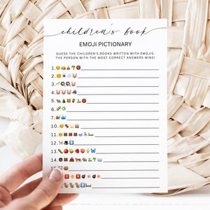 Juego de Emoji de libro para niños, Juego de Pictionary de Emoji de libro para niños, Tarjeta de juego de Emoji de bebé, Juegos de baby shower, Plantilla editable, Descargar, Canva