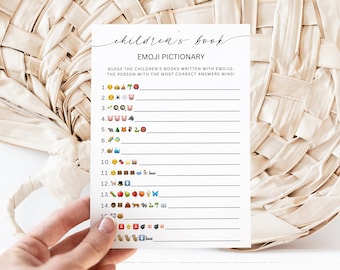 Children Book Emoji Game, Children's Book Emoji Pictionary Game, Baby Emoji Game Card, Baby Shower Games, Editable Template, Download, Canva