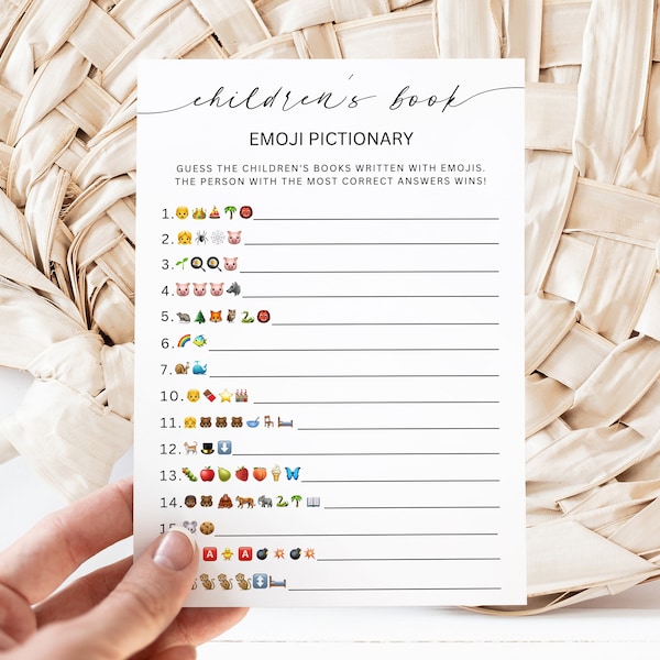 Children Book Emoji Game, Children's Book Emoji Pictionary Game, Baby Emoji Game Card, Baby Shower Games, Editable Template, Download, Canva