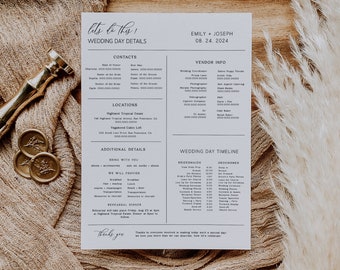 Detailed Wedding Day Timeline, Bridal Party Timeline, Wedding Party Timeline, Order of Events, Wedding Day Schedule, Minimalist Itinerary