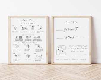 May include: Two printable signs for a wedding or party photo booth. The left sign has instructions on how to take a photo with an instant camera. The right sign says "Photo Guest Book" and has a drawing of an instant camera. The text on the signs is in black.