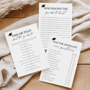 May include: Graduation party game cards with black mortarboard graphics. The cards include fill-in-the-blank questions like "Who Knows the Graduate Best?" and "Has the Graduate Ever Questions?" The cards are printed on white paper with black text.