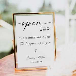 Wedding Open Bar Table Sign, Open Bar Sign Template, Drinks Are On Us, Modern DIY Wedding Sign, Editable, Printable, Instant Download, Canva
