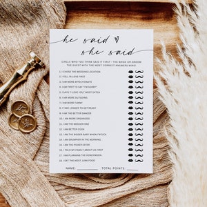 Il a dit qu'elle a dit modèle de jeu de douche nuptiale, jeu de douche nuptiale, imprimable il a dit qu'elle a dit carte de jeu, jeu de mariage minimaliste, modifiable