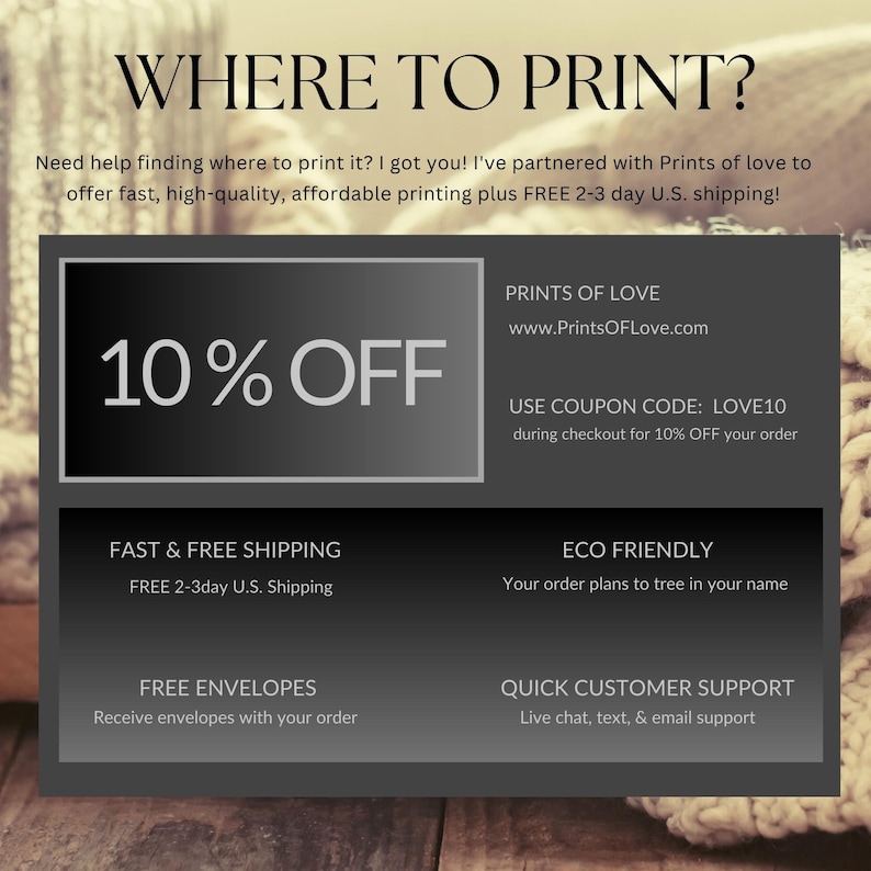 Peut inclure: Un graphique avec le texte "WHERE TO PRINT?" et un code promo de 10% pour Prints of Love. Le graphique comprend &eacute;galement des informations sur la livraison rapide et gratuite, les pratiques &eacute;cologiques et le service client rapide.