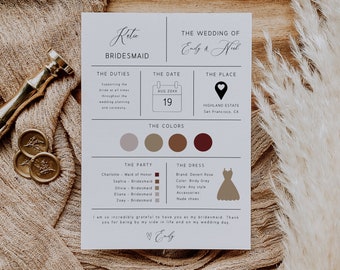 Peut inclure: Une carte de demoiselle d'honneur avec un fond gris clair et du texte noir. La carte comprend les détails des fonctions, de la date, du lieu, des couleurs, de la fête et de la robe pour le mariage. Le texte comprend les noms "Emily & Neil" et la date "Aug 20XX 19".