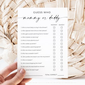 Raad eens wie papa of mama-spel, minimalistisch babyshowerspel, babyshowerfeestspel, babyshowerspel, wie zei het trivia-spel, bewerken, canva