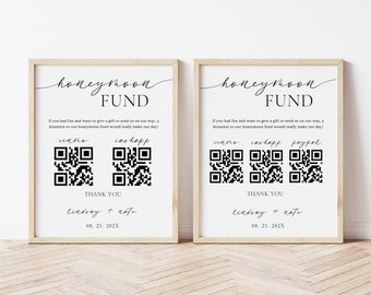 Honeymoon Fund Wedding Sign, Venmo Honeymoon Wish Sign, QR Code Modern Wedding Sign, Wedding Cash Gift, Canva Template, Instant Download