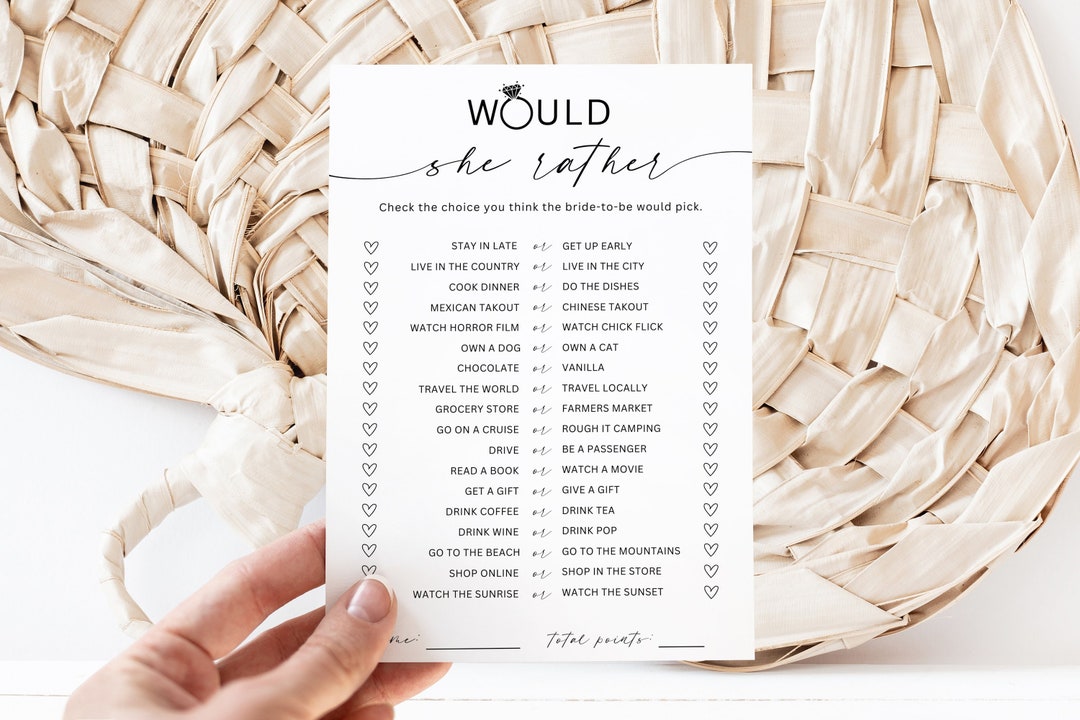 Would She Rather Bridal Shower Game Template, Would Bride Rather, Who ...
